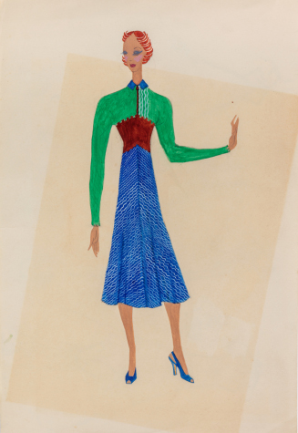 Fashion Drawing: Blue and Red Dress with Green Bolero Jacket